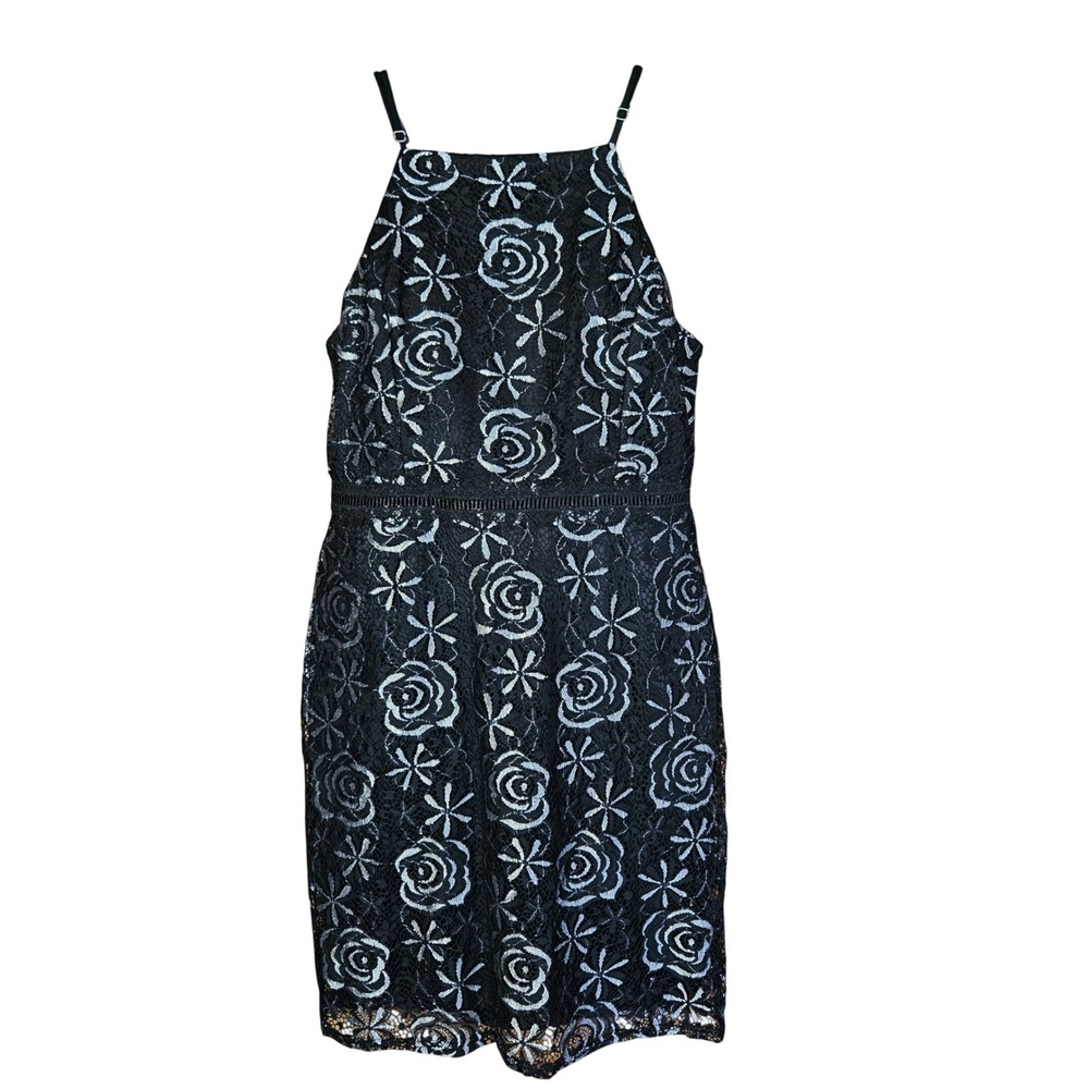 Francescas Black Blue Floral Lace Halter Mini Dress Cocktail Party Medium M